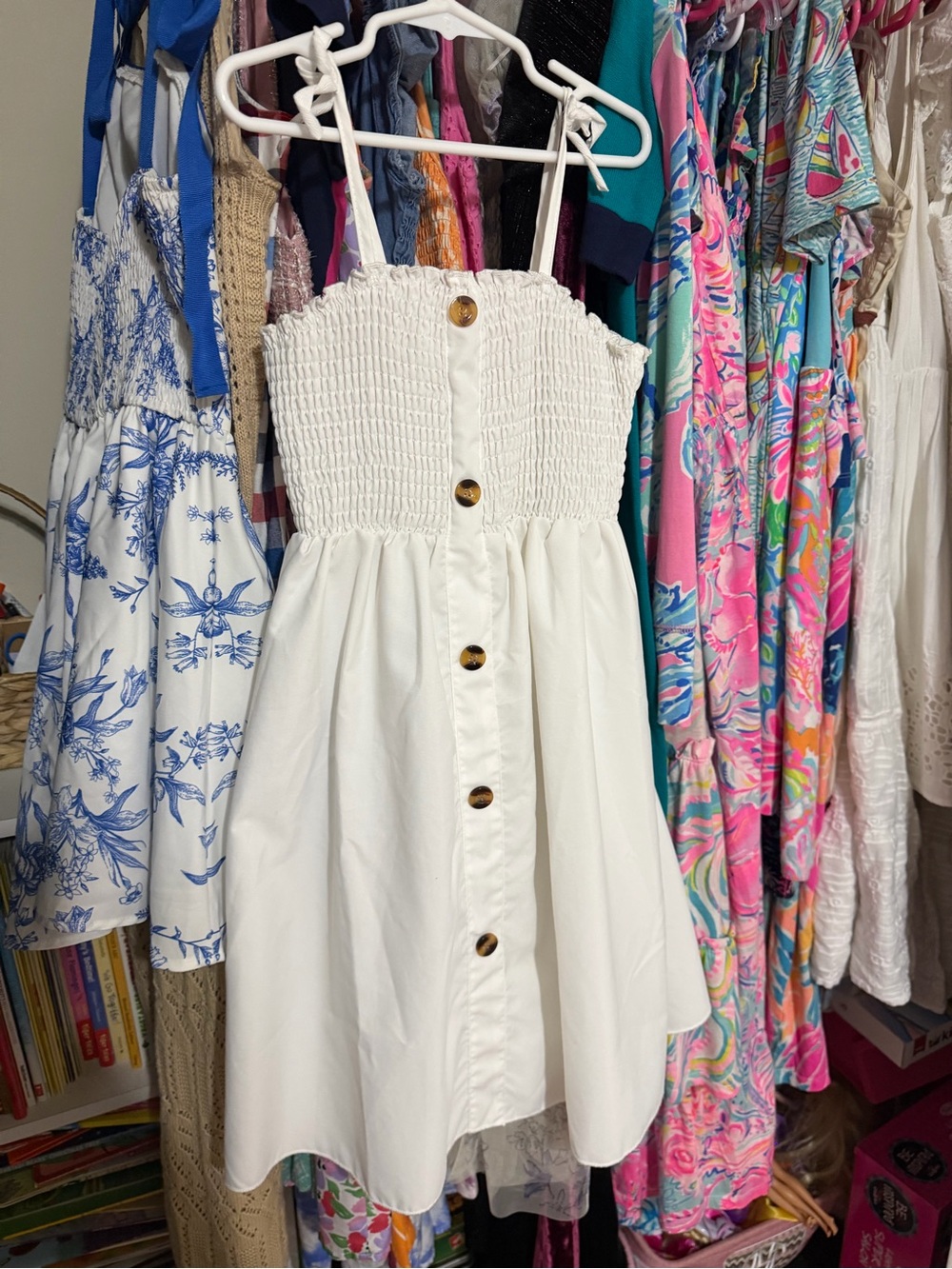 Girls' White Button-Front Smocked Sundress size 8 midi